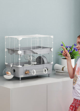 2-Tier Hamster Cage with Sand Bathroom, Running Wheel, Water Bottle, Tubes, Accessories, for Dwarf Hamster, Gray