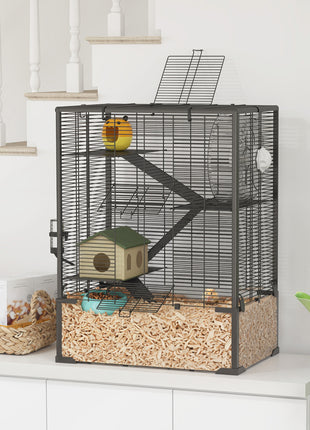 4 Tier Hamster Cage with Deep Tempered Glass Bottom, Running Wheel, Hut, Water Bottle, Food Dish, 24" x 16" x 31.5"