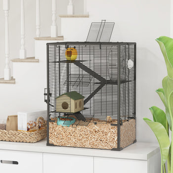 4 Tier Hamster Cage with Deep Tempered Glass Bottom, Running Wheel, Hut, Water Bottle, Food Dish, 24" x 16" x 31.5"