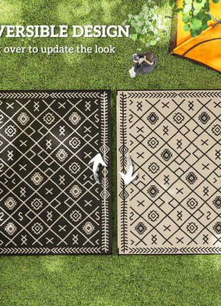 Reversible Outdoor Rug, Waterproof Plastic Straw with Carry Bag, 9' x 12', Black & Beige Rhombus