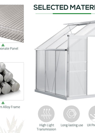 6' x 4' Aluminum Lean-to Greenhouse Polycarbonate Walk-in Garden Greenhouse with Adjustable Roof Vent, Rain Gutter and Sliding Door for Winter, Clear