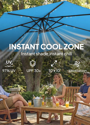 10 ft Cantilever Patio Umbrella with Light, Weight, Offset Hanging Outdoor Umbrella with Protective Cover, Lake Blue