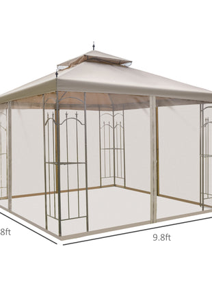 10' x 10' Patio Gazebo with Corner Frame Shelves, Double Roof Outdoor Gazebo Canopy Shelter with Netting for Patio, Wedding, Catering & Events, Brown
