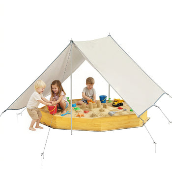 Wooden Sandbox with Large Canopy, Outdoor Sand Box with 4 Bench Seats, Bottom Liner for 8 Kids Aged 3-8, Yellow