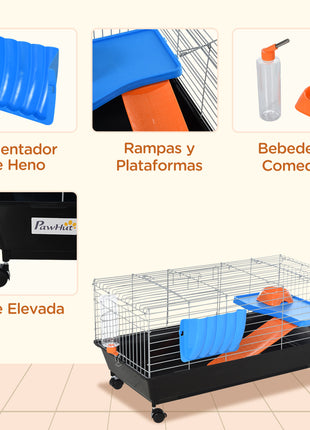 35"L Small Animal Cage with Food Dish, Water Bottle, Hay Feeder, Platform, Ramp for Chinchilla, Black