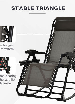 Outdoor Rocking Chairs, Foldable Reclining Zero Gravity Lounge Rocker with Pillow, Cup & Phone Holder, Combo Design with Folding Legs, Gray