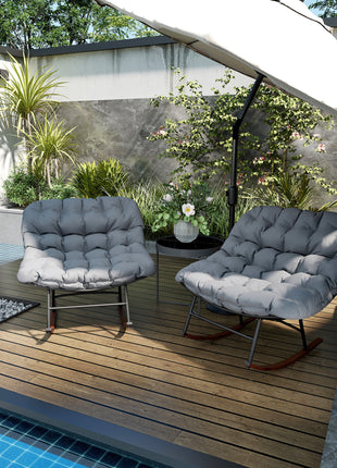 Outdoor Rocking Chair Patio Set of 2, Oversized Rocking Papasan Chairs with Cushions for Garden Porch, 265 lbs., Gray