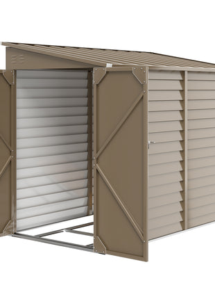 4.6' x 9' Outdoor Storage Shed, Lean to Metal Shed with Foundation Kit, Lockable Doors and Gloves for Patio, Lawn, Brown