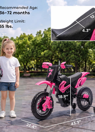 12V Kids Motorcycle, 2 x 35W Electric Dirt Bike with Training Wheels, Rear Suspension, Horn for 3-6 Years, Pink