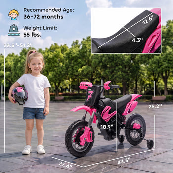 12V Kids Motorcycle, 2 x 35W Electric Dirt Bike with Training Wheels, Rear Suspension, Horn for 3-6 Years, Pink