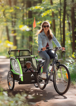 2-in-1 Walk/Ride Child Baby Bike Trailer for Kids 2 Seater, High-Visibility Bike Stroller for Toddler Wagon, Weather-Strong Double Bicycle Trailer Accessory, Green