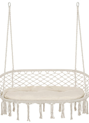 2-Person Hammock Chair Macrame Swing with Soft Cushion, Hanging Cotton Rope Chair for Indoor Outdoor Home Patio Backyard, White