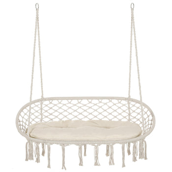 2-Person Hammock Chair Macrame Swing with Soft Cushion, Hanging Cotton Rope Chair for Indoor Outdoor Home Patio Backyard, White