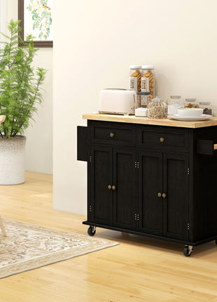 Modern Rolling Kitchen Island Cart with Spice Rack, Distressed Black