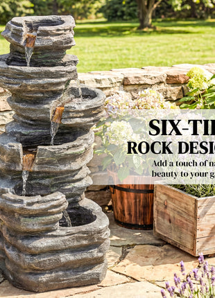 40" Tall Outdoor Waterfall Fountain with LED Lights, 6-Tier Cascading Waterfall Feature, Resin Garden Fountain, Gray
