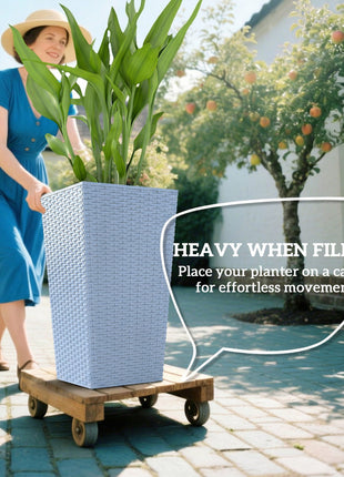 Tall Planters for Outdoor Plants Set of 3, 24 In Taper Planters with Drainage Holes, Rattan Decor Plant Pots, Light Gray