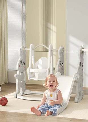 4 in 1 Toddler Slide and Swing Set with Climber, Basketball Hoop, Rabbit Themed Kids Playset for Ages 1.5-4, Gray