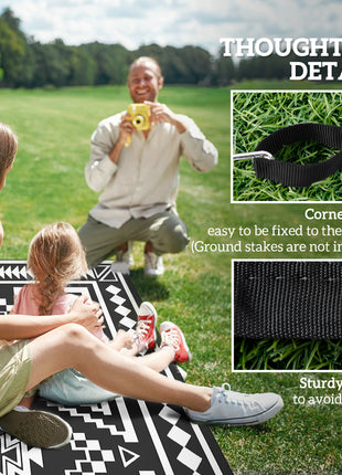 Reversible Outdoor Rug, Waterproof Plastic Straw with Carry Bag, 9' x 18', Black & White Square Patchwork