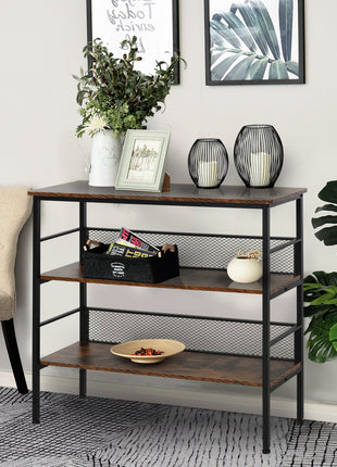 3-Tier Console Table Industrial Style Storage Metal Wooden Shelf with a Robust Multi-Functional Design & Adjustable Feet, Black