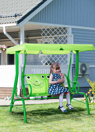 Kids Patio Swing, Adjustable Canopy Swing Glider, Kids Outdoor Swing Chair with 2 Seats, Seat-Belted Safety, Green