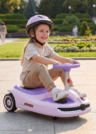 12V Electric Wiggle Car with Convertible Steering Wheel Pull Handle, 2 Speed, Music, Lights for 3-5 Years, Purple