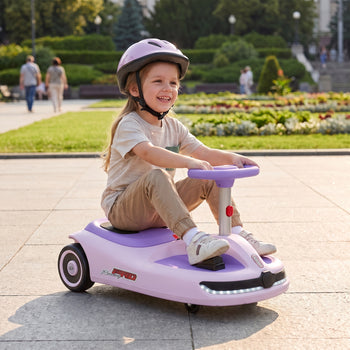 12V Electric Wiggle Car with Convertible Steering Wheel Pull Handle, 2 Speed, Music, Lights for 3-5 Years, Purple