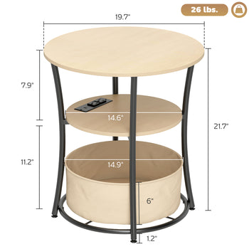 Round Side Table with Charging Station, 3-Tier End Table with Fabric Storage Bag and Shelf, Natural Wood