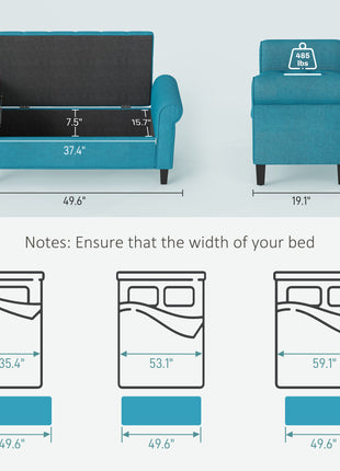 50 Inches Storage Ottoman, End of Bed Bench with Rolled Arms, Wood Legs, Button Tufted Storage Bench, Teal