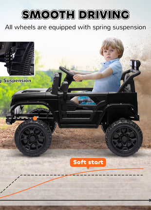 12V Battery Powered Ride On Truck, Kids Electric Car with Spring Suspension, Remote, Horn, USB Music, Black