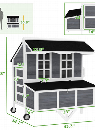 43" Chicken Coop with Wheels, Chicken Tractor with Nesting Box, Windows, Pull-out Tray, Perches, for 2-4 Hens, Gray