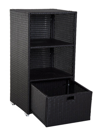 Poolside Towel Cabinet, Rattan Wicker with Storage,2-Tier Shelves and Bottom Drawer, for Pool, Patio Backyard, 47", Dark Brown