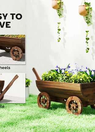 Wooden Wagon Planter Box, Mobile Garden Planter with 4 Wheels, Small Wheelbarrow Wagon Flower Cart with Drainage Hole