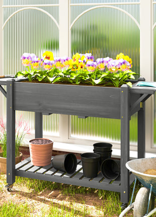 Wood Raised Planter Box, Elevated Garden Bed with Lockable Wheels, Side Tables, Bottom Shelf, Drain Holes, Gray