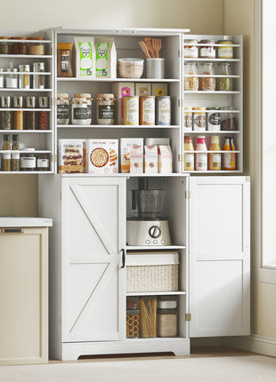 Farmhouse Kitchen Pantry, 72" Tall Pantry Cabinet with 4 Barn Doors, 4 Adjustable Shelves and 8 Door Shelves, White