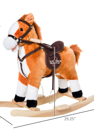 Kids Plush Toy Rocking Horse, Wooden Ride-on Chair, Plush Animal Rocker with Realistic Sounds and Moving Tail for Toddlers, Brown