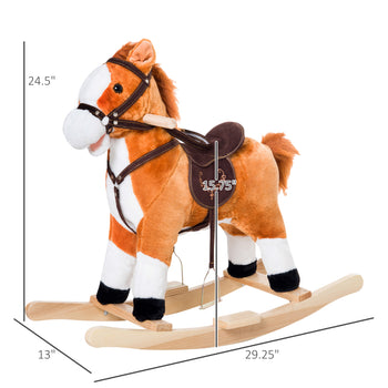 Kids Plush Toy Rocking Horse, Wooden Ride-on Chair, Plush Animal Rocker with Realistic Sounds and Moving Tail for Toddlers, Brown