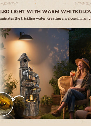 Outdoor Water Fountain, Decorative Garden Birdhouse, 3-Tier Cascading Waterfall with LED Lights and Water Wheel, Soothing Tranquility for Home Garden, Yard Decor