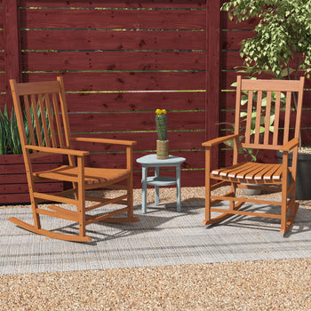 Outdoor Rocking Chair Set of 2, Patio Wooden Rocking Chair with Smooth Armrests, High Back for Garden, Balcony, Porch, Supports Up to 352 lbs, Teak