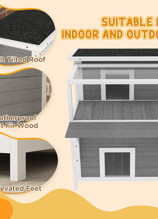 2-Story Wooden Cat House Outdoor with Balcony, Openable Top, Escape Door, Removable Panel & Floor, for Backyard, Outside