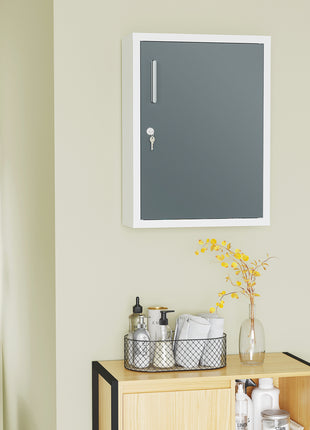 Bathroom Medicine Cabinet with Shelves Inside & On Door, Locking Medical Cabinet for Child & Pet Safety, First Aid Bathroom Wall Cabinet, White and Gray