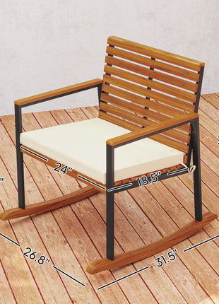 Acacia Wood Outdoor Lawn Rocking Chair Set of 2, Outdoor Patio Rocking Chairs with Armrests, Cushion, Cream White