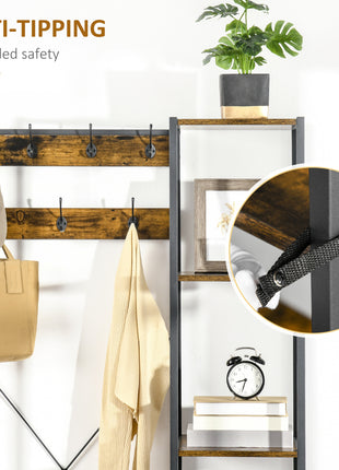 Industrial Hall Tree with Side Storage Shelves, Entryway Bench with Coat Rack, Freestanding Coat Tree with Shoe Storage and Hooks, Rustic Brown