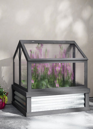 Raised Garden Flower Bed Kit with Greenhouse, Wooden Cold Frame Planter, 35.5" x 31.5" x 36", Gray