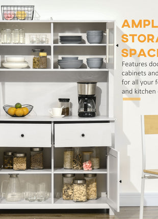 63.5" Kitchen Buffet with Hutch, Pantry Storage Cabinet with 4 Shelves, Drawers, Framed Glass Doors, Open Microwave Countertop, Antique White