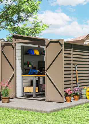 4.6' x 9' Outdoor Storage Shed, Lean to Metal Shed with Foundation Kit, Lockable Doors and Gloves for Patio, Lawn, Brown