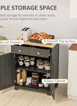 Kitchen Storage Cabinet, Sideboard Floor Cupboard with Solid Wood Top, Adjustable Shelf, and 2 Drawers, Distressed Black