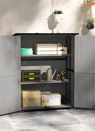 Wood Storage Shed, Outdoor Garden Shed with Asphalt Roof, 2 Shelves, Lockable Doors and Adjustable Feet, Gray