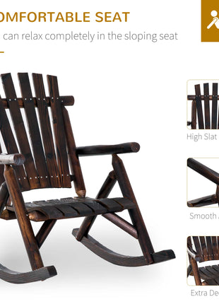 Outdoor Wooden Rocking Chair, Single-Person Rustic Adirondack Rocker with Slatted Seat, High Backrest, Armrests for Patio, Garden and Porch, Brown