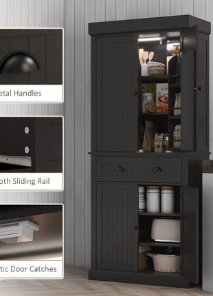 71" Kitchen Pantry Cabinet with LED Lights, 6 Door Shelves, a Drawer and 4 Adjustable Shelves, Black