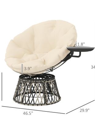 360° Swivel Outdoor Papasan Chair, 39" Overstuffed Circle Chair with Side Tray, Thick Cushion for Indoor Patio, Beige